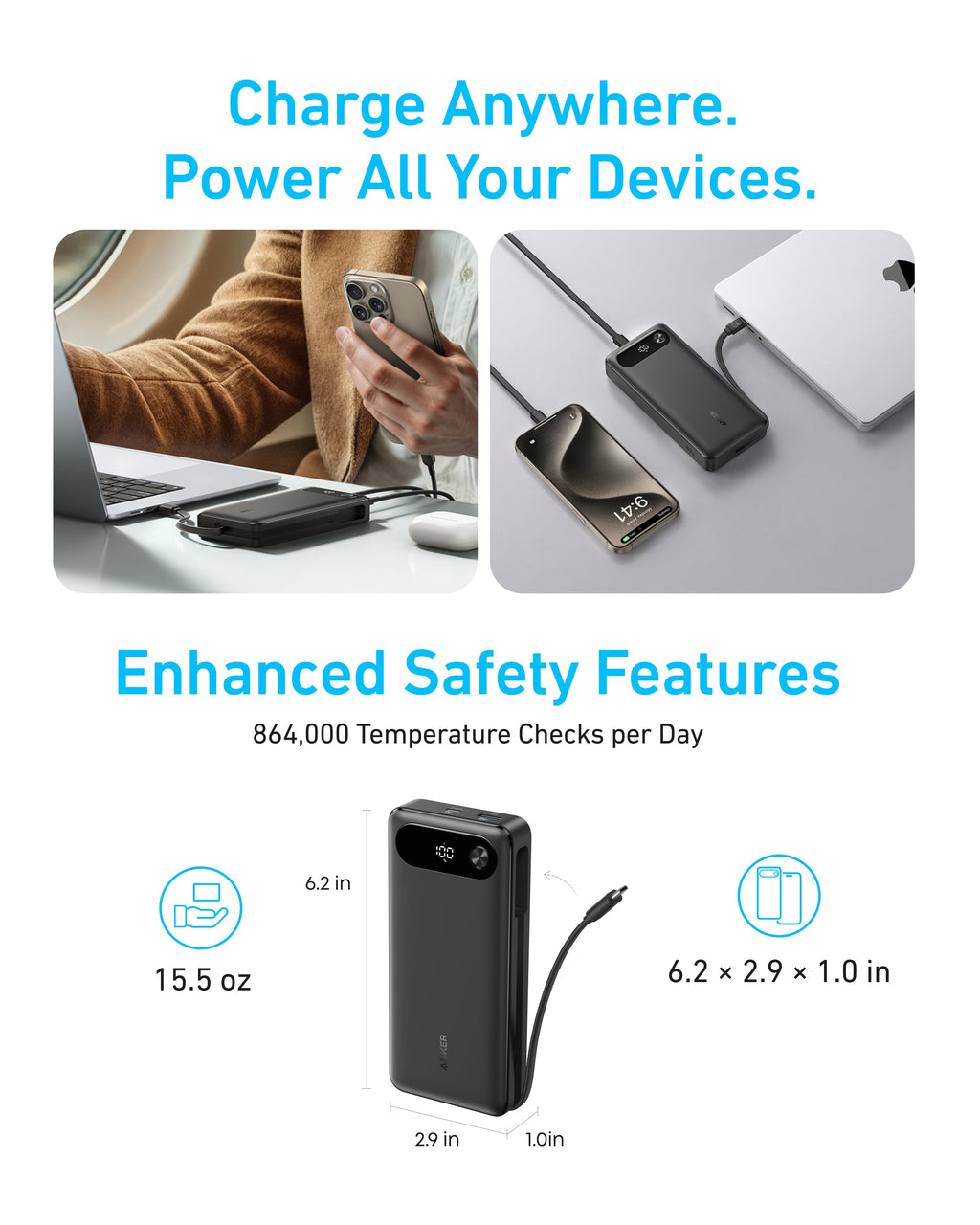 Anker 20,000mAh Power Bank, 87W, Built-In USB-C Cable