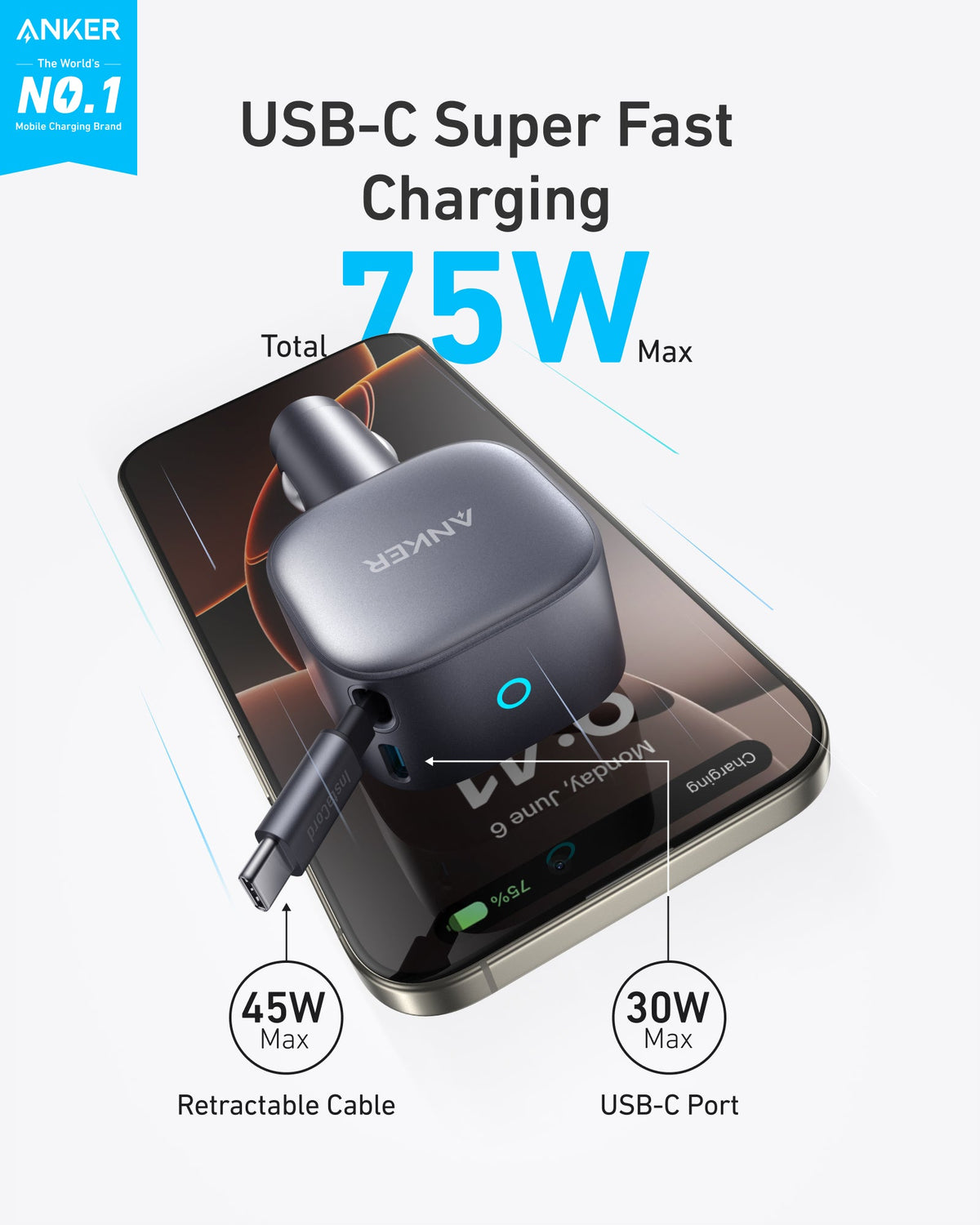 Anker Nano 75W Car Charger with Retractable USB-C Cable