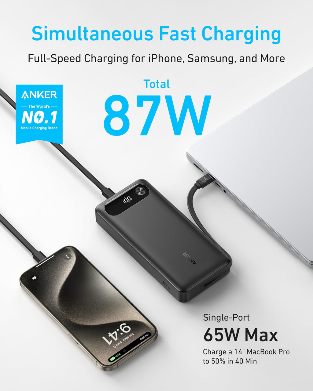 Anker 20,000mAh Power Bank, 87W, Built-In USB-C Cable