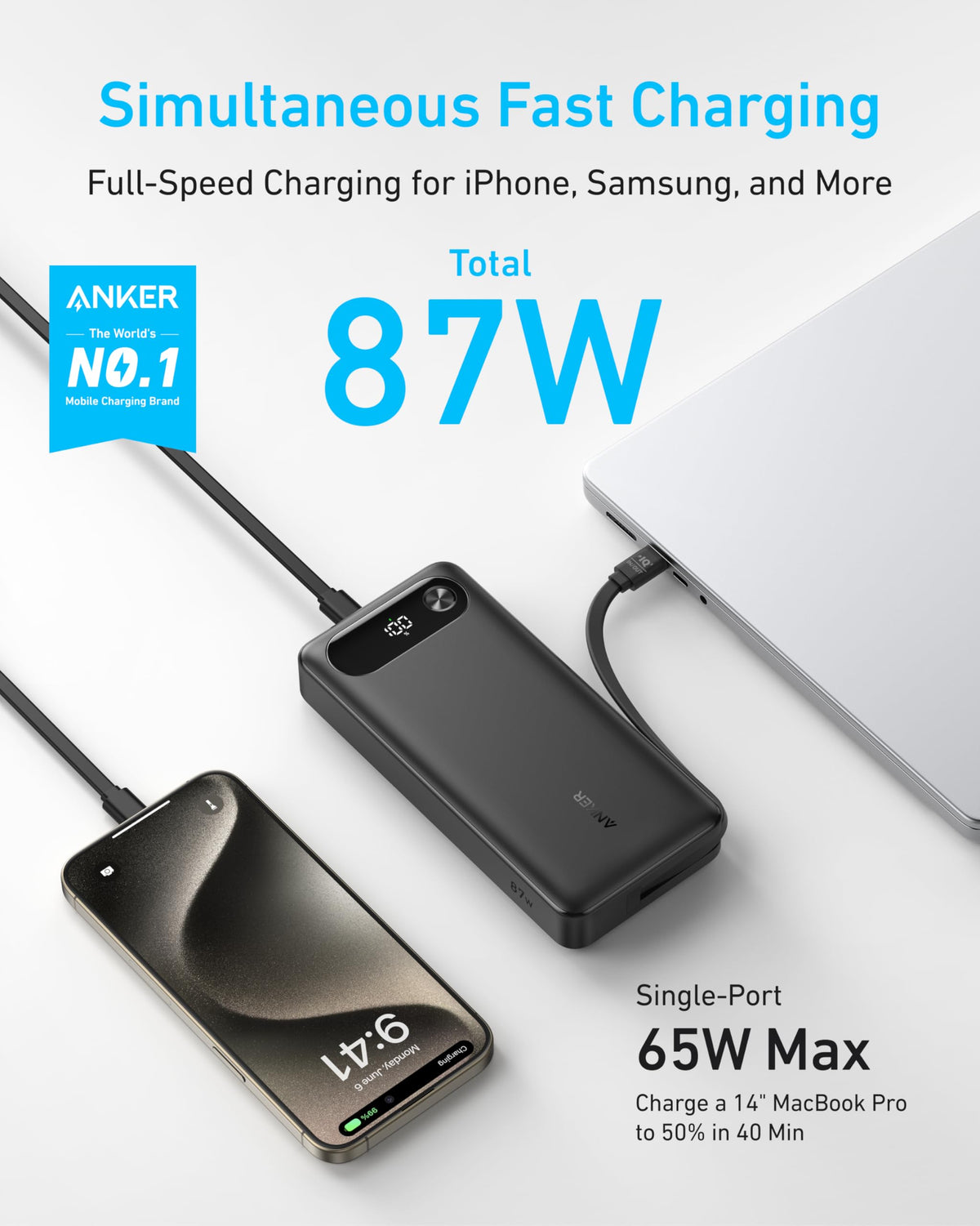 Anker 20,000mAh Power Bank, 87W, Built-In USB-C Cable